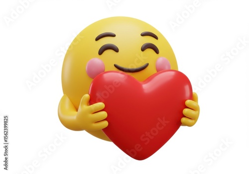 A yellow emoji with smiling eyes is hugging a red heart isolated on white background