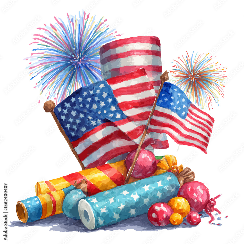 Obraz premium Fourth of July fireworks illuminate the night sky, a patriotic symbol of American independence with the red, white, and blue stripes of the US flag
