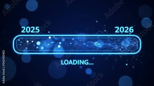 A magical animation on a dark blue background, featuring a glowing futuristic blue progress bar transitioning from 2025 to Happy New Year 2026 with particles
