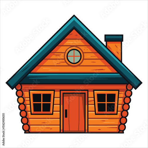 Log cabin house illustration with chimney. Wooden home vector for rustic and wilderness themes.