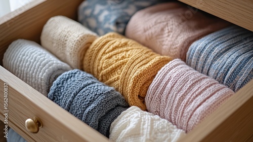 Rolled sweaters in wooden drawer, organized closet