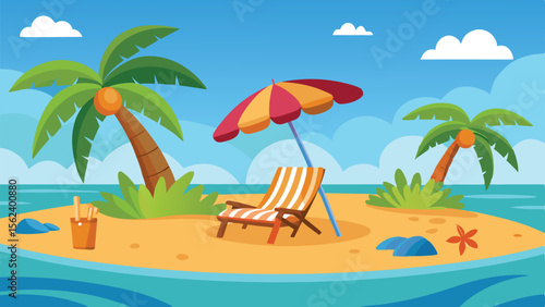 Cartoon Tropical Island with Palm Trees, Beach Chair, and Umbrella, Featuring Blue Sky and Ocean
