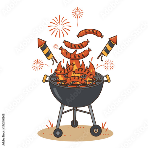 A grill with sausages  flames set amid festive fireworks on a beige ground