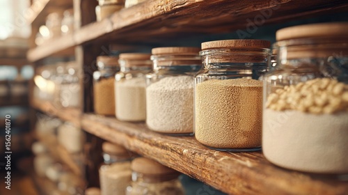 Rustic shelves, pantry, grains, jars, kitchen, food storage, healthy eating, background blur