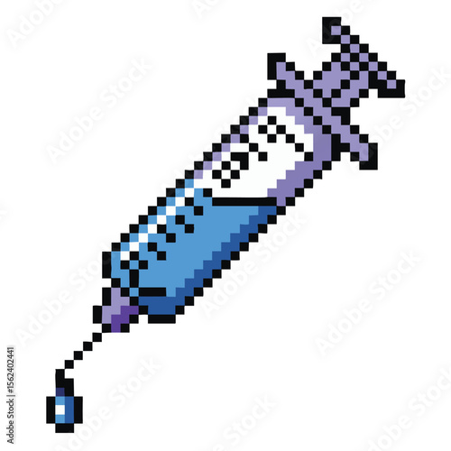 Pixel art syringe with blue liquid and a drop falling from the needle