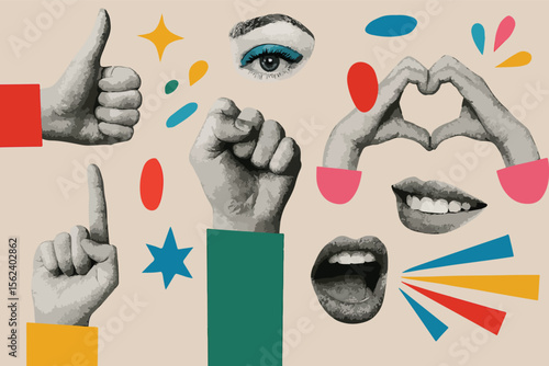 Trendy halftone collage elements set. Cut out clipping hand emoji gestures, mouths and eye with bold colorful geometric shapes. Hands signs stickers modern retro vector illustration 