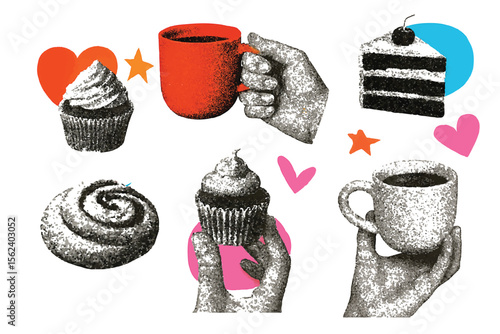 Trendy halftone collage cutout elements set. Hands holding cups and mugs of hot coffee or tea or cocoa with dessert and sweets. Modern retro vector illustration isolated on transparent background 