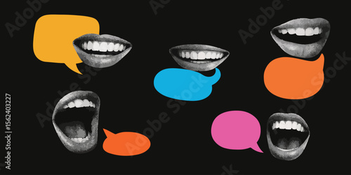 Halftone collage mouth with speech bubbles. Dotted modern retro urban magazine style pop art banner templates with copy space for text. Social media concept vector illustration 