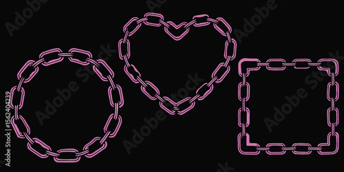 Distressed pink metal chain frames set with retro photocopy effect. Monochrome borders with gritty stippling texture. Trendy elements for y2k emo collage design. Vector illustration 
