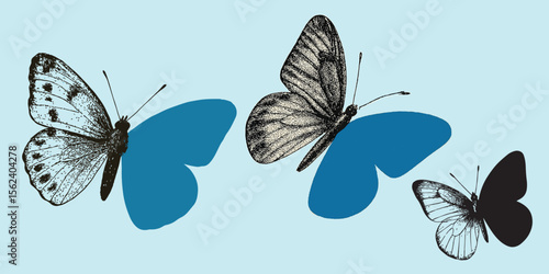 butterflys halftone art collage cut out element set. Paper clipping shape, spring or summer insect sticker, dotted texture, doodles and scribbles. Modern retro grunge mixed media vector illustration