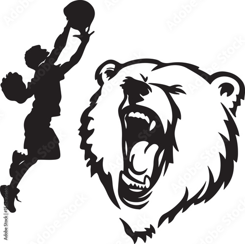 Basketball player dunking near roaring bear vector