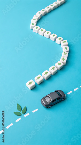 High Angle View of Gray Toy Car Following a Path of White Cubes with Green Leaves on Bright Blue Background Eco Friendly Transportation Concept