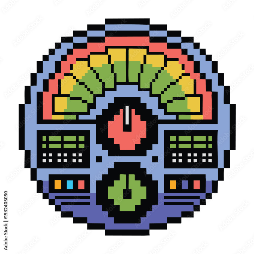Fototapeta premium Retro pixel art control panel with colorful buttons and gauges in a circular design