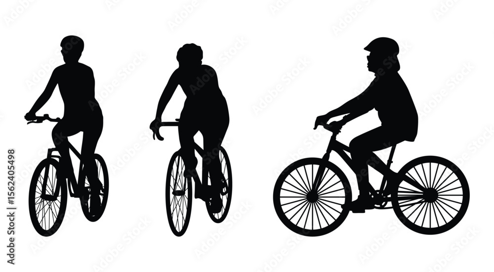 Fototapeta premium People riding bicycle silhouette set vector on white background, bicycle silhouette set vector, eps vector