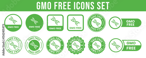 GMO free icon set. Non GMO label. No added or artificial chemicals logo, label, badge, sticker, symbol, emblem, stamp, line, vector, isolated illustration. GMO free label for product packaging design