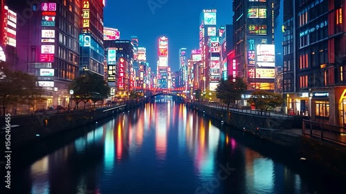 Dotonbori Canal at Night: Osaka's Vibrant Neon Lights Reflecting on the Water