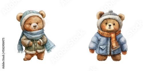 cute bear use winter clothes watercolor vector illustration