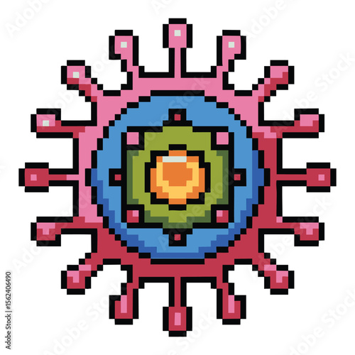 Pixel art representation of a colorful virus with pink spikes and a circular core
