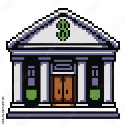 Pixel art bank building with dollar sign and columns