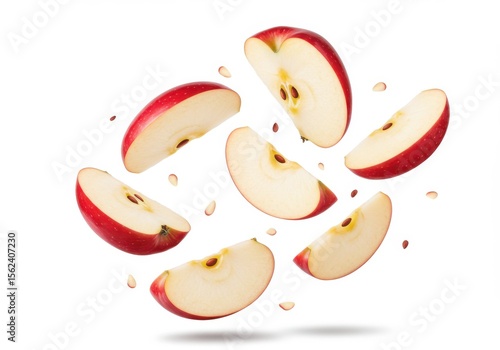 Several red apple slices floating isolated on white background