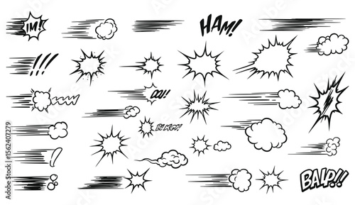 Comic book elements set of vector illustrations with speech bubbles and speed lines isolated on a white background