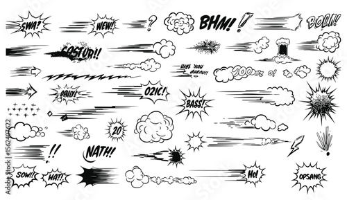 Comic book sound effects and speed lines collection in a bold black and white style suitable for illustration or design