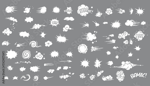 Comic book sound effects and speed lines collection white icons and elements for design