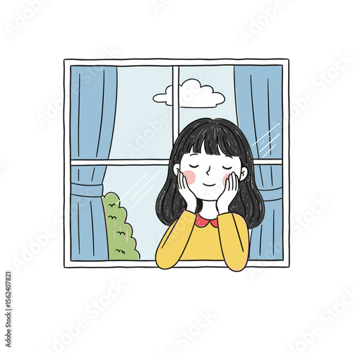 Girl with closed eyes smiling while resting at window  