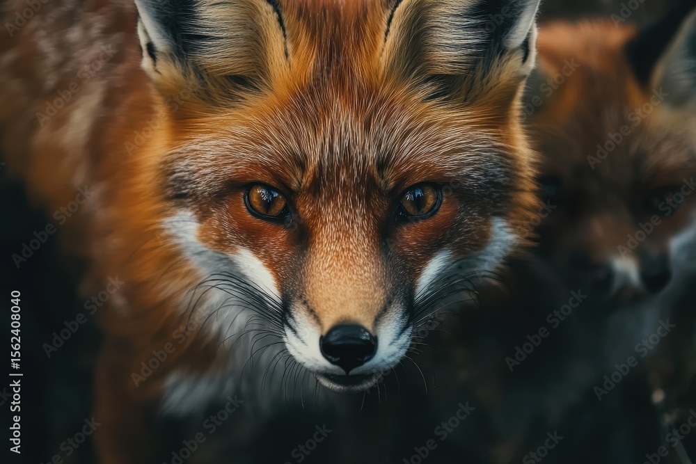 Red fox with cub exploring the wild meadow at sunset near a dense forest, Red fox Vulpes vulpes Fox with cub in the wild Close up Red fox with cub exploring the wild meadow at sunset near a dense forest, Red fox Vulpes vulpes Fox with cub in the wild Close up