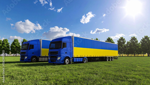 Blue Cargo Trucks with Ukrainian Flag Colors in Nature AI Generated