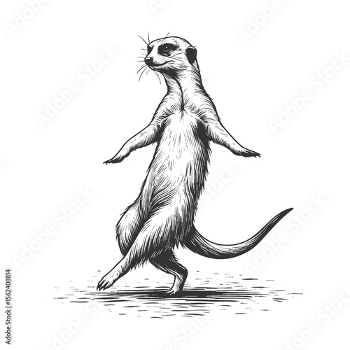 Dancing Meerkat sketch engraving generative ai fictional character vector illustration. Scratch board imitation. Black and white image.