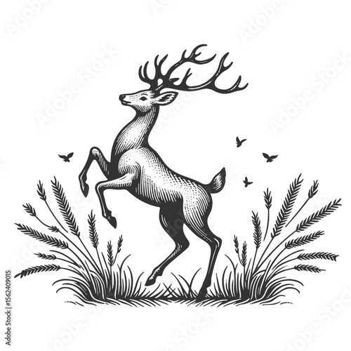 majestic deer stag rising on hind legs sketch engraving generative ai fictional character vector illustration. Scratch board imitation. Black and white image.