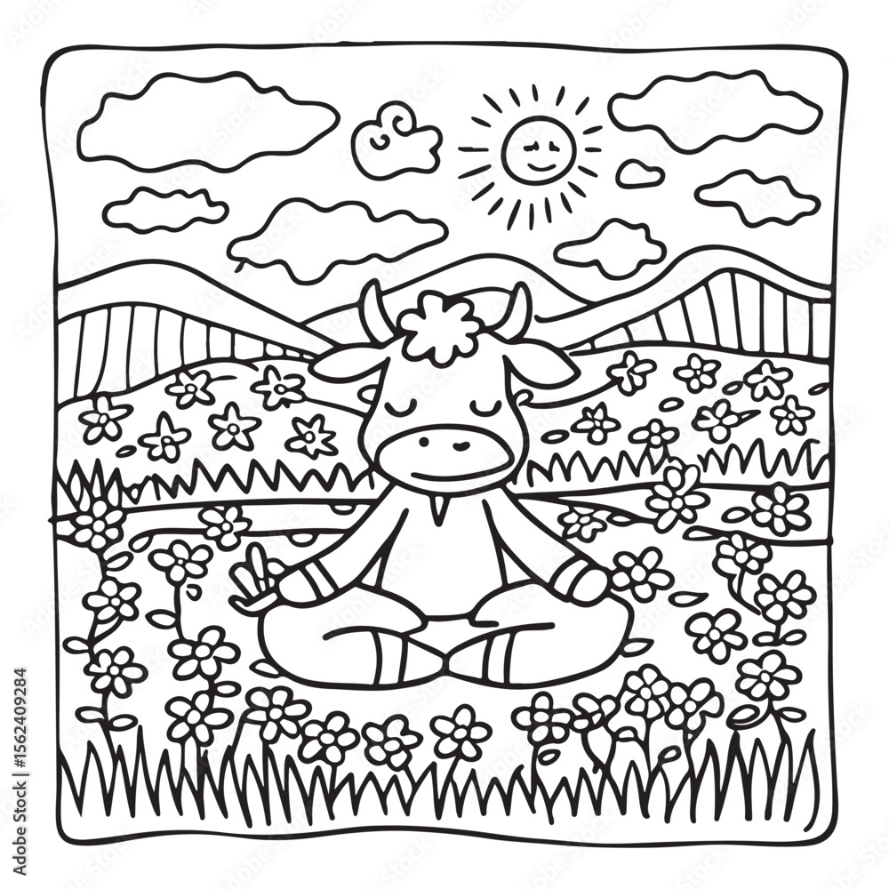 Fototapeta premium Cozy Cow Moments – Cute and Easy Coloring Page for Adults and Teens | Farm Animal Line Art for Relaxation, cow coloring page, cute, farm animal, easy, adult coloring, line art | Print