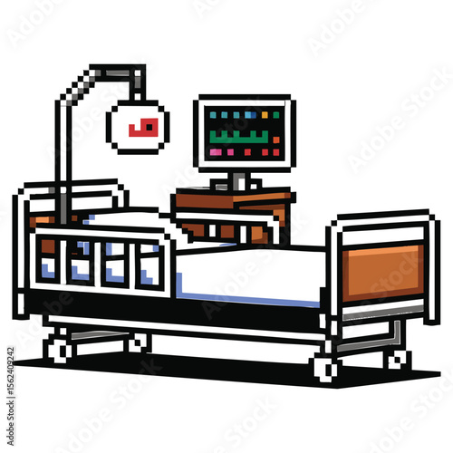 Pixel art hospital bed with medical monitoring equipment and examination lamp