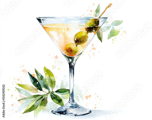 Watercolor illustration of a classic martini cocktail. Cocktail drink watercolor illustration on transparent background. 
