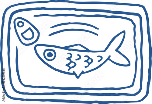 Illustration of a Canned Sardine Fish Line art. Outline mackerel whimsical doodle drawing, vector