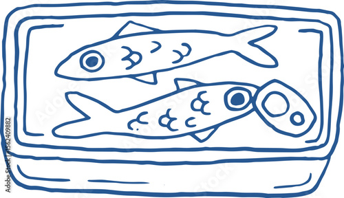 Illustration of a Canned Sardine Fish Line art. Outline mackerel can whimsical doodle drawing, vector