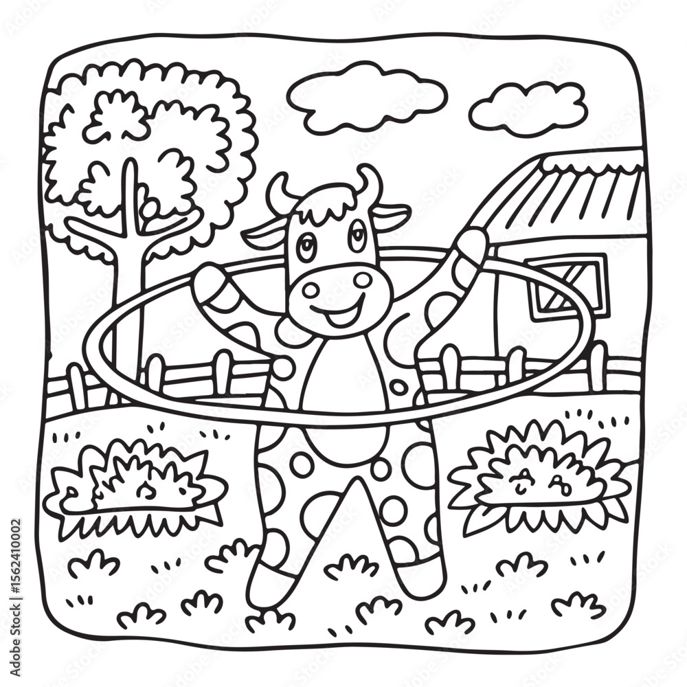 Obraz premium Cozy Cow Moments – Cute and Easy Coloring Page for Adults and Teens | Farm Animal Line Art for Relaxation, cow coloring page, cute, farm animal, easy, adult coloring, line art | Print