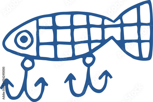 Illustration of a Fish shape fishing lure, Line art. Outline fishing bait with hook, whimsical doodle drawing, vector