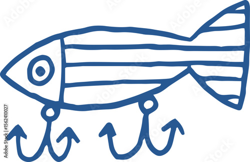 Illustration of a Fish shape fishing lure, Line art. Outline fishing bait with hook, whimsical doodle drawing, vector
