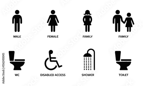 Vector illustration silhouette icon represent a different concept related to bathroom facilities,  male, female, family, baby, WC, disabled access, shower, and toilet, easily editable.