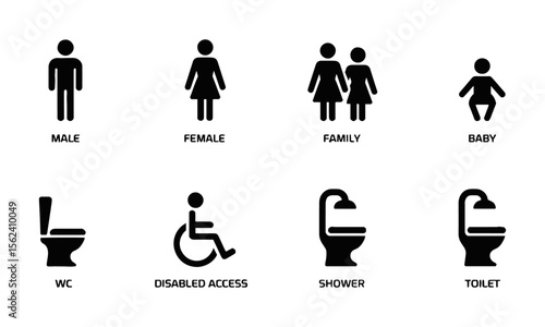 Vector illustration silhouette icon represent a different concept related to bathroom facilities,  male, female, family, baby, WC, disabled access, shower, and toilet, easily editable.