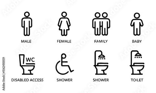 Vector illustration silhouette icon represent a different concept related to bathroom facilities,  male, female, family, baby, WC, disabled access, shower, and toilet, easily editable.