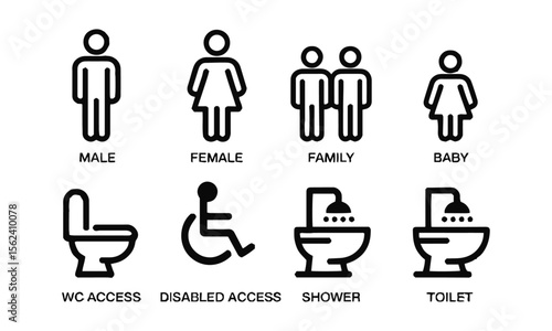 Vector illustration silhouette icon represent a different concept related to bathroom facilities,  male, female, family, baby, WC, disabled access, shower, and toilet, easily editable.
