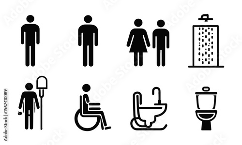 Vector illustration silhouette icon represent a different concept related to bathroom facilities,  male, female, family, baby, WC, disabled access, shower, and toilet, easily editable.