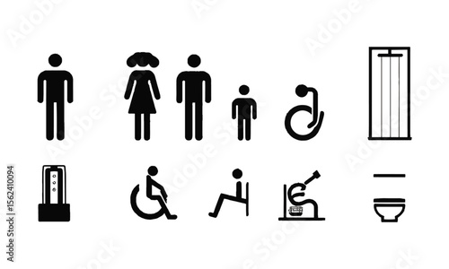 Vector illustration silhouette icon represent a different concept related to bathroom facilities,  male, female, family, baby, WC, disabled access, shower, and toilet, easily editable.