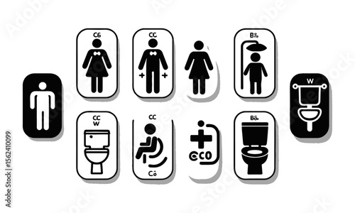 Vector illustration silhouette icon represent a different concept related to bathroom facilities,  male, female, family, baby, WC, disabled access, shower, and toilet, easily editable.
