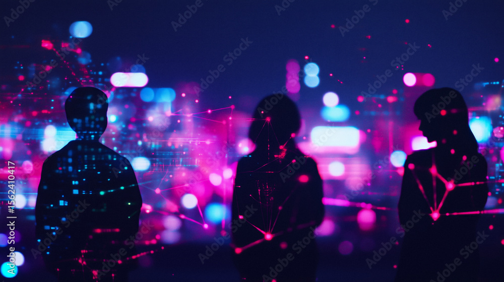 Naklejka premium Futuristic Cityscape Where Diverse Individuals Engage