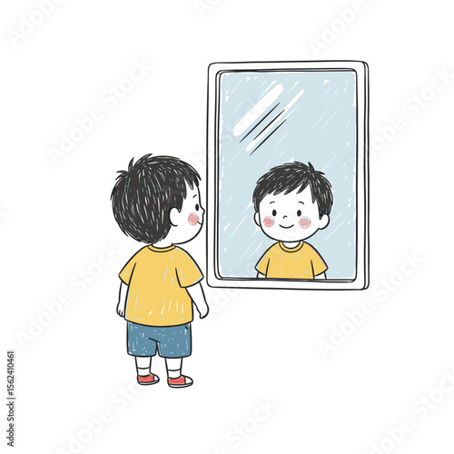 Young boy looking at himself in mirror and smiling with happiness  