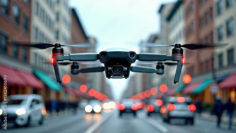 Obraz premium Drone delivering package on busy urban street